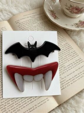NWT Black Bat and Red Vampire Teeth Hair Clips, Hair Accessories, Halloween Hair
